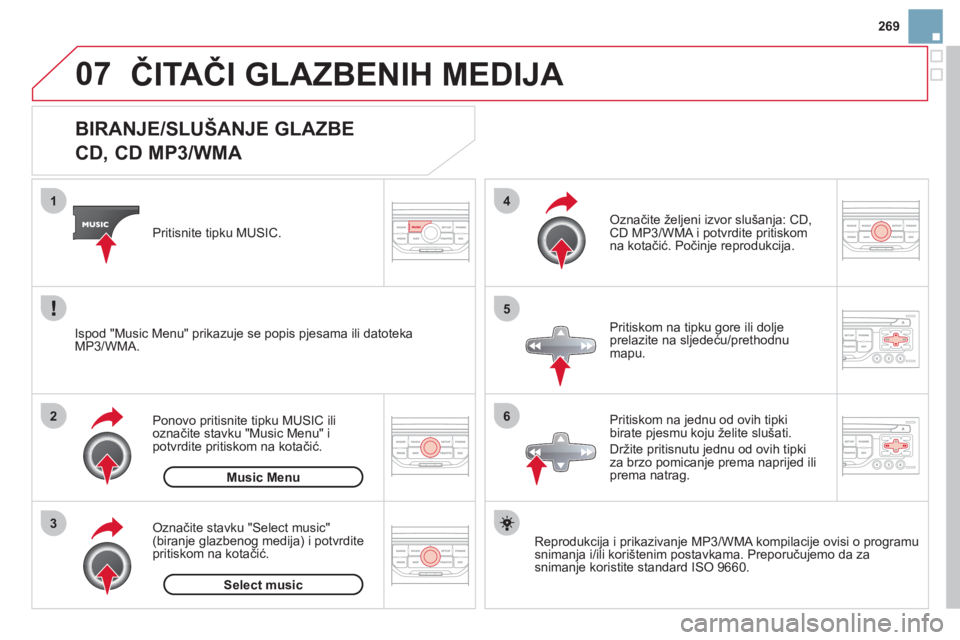 CITROEN DS3 CABRIO 2013  Upute Za Rukovanje (in Croatian) 269
07
3 2 1
6
4
5
   
 
 
 
 
 
 
 
 
 
 
 
BIRANJE/SLUŠANJE GLAZBE  
CD, CD MP3/WMA 
Reprodukcija i prikazivanje MP3/WMA kompilacije ovisi o programu 
snimanja i/ili korištenim postavkama. Preporu