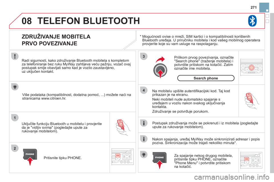 CITROEN DS3 CABRIO 2013  Upute Za Rukovanje (in Croatian) 271
08
1
2
3
4
TELEFON BLUETOOTH 
*   
  Mogućnosti ovise o mreži, SIM kartici i o kompatibilnosti korištenih Bluetooth uređaja. U priručniku mobitela i kod va