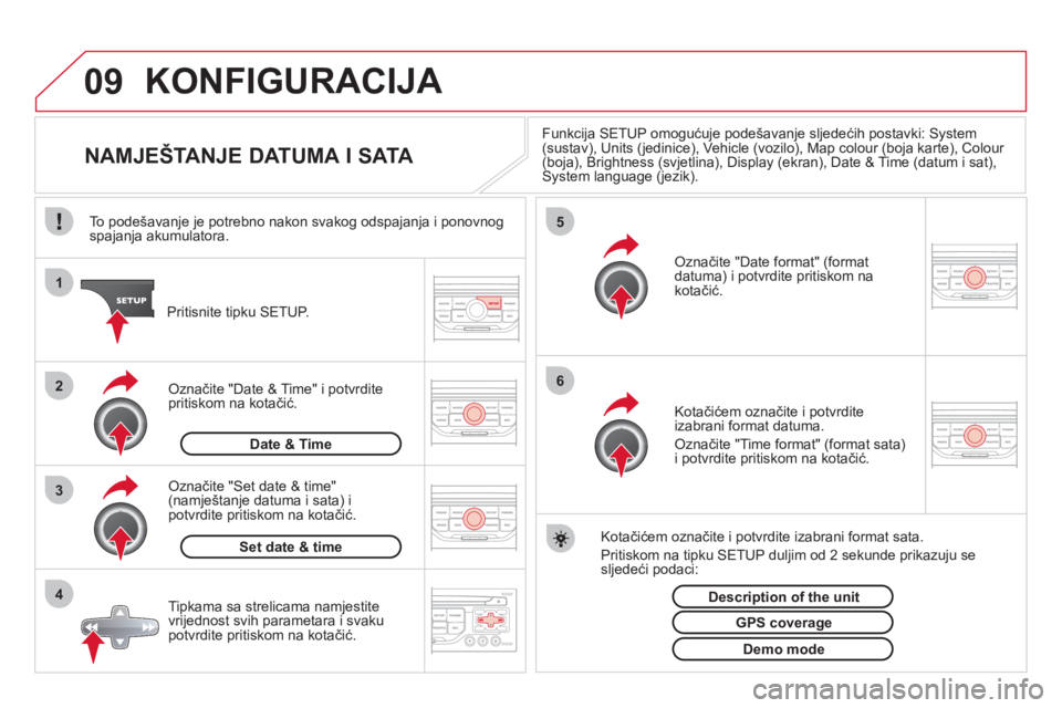 CITROEN DS3 CABRIO 2013  Upute Za Rukovanje (in Croatian) 09
4 3 2 1
65
KONFIGURACIJA 
   
 
 
 
 
 
 
 
 
 
 
 
 
 
 
NAMJEŠTANJE DATUMA I SATA 
Funkcija SETUP omogućuje podešavanje sljedećih postavki: System (sustav), Units (jedinice), Vehicle (vozilo)