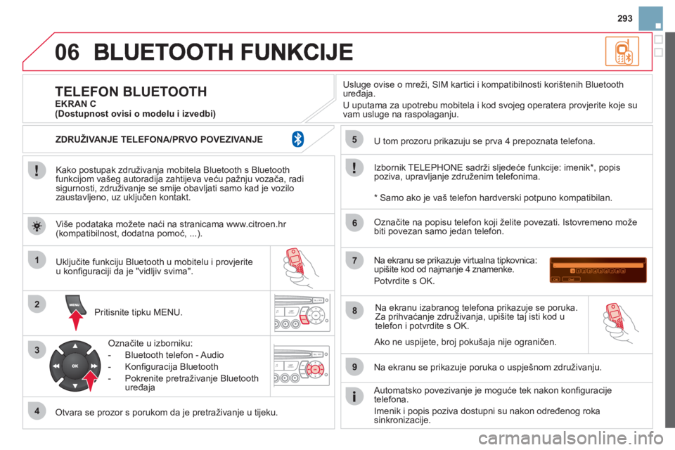 CITROEN DS3 CABRIO 2013  Upute Za Rukovanje (in Croatian) 293
06
1
2
3
4
5
6
7
8
9
MENU
OK
   
Kako postupak združivanja mobitela Bluetooth s Bluetoothfunkcijom vašeg autoradija zahtijeva veću pažnju vozača, radisigurnosti, združivanje se smije obavlja