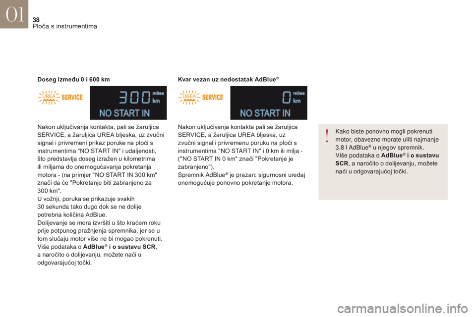CITROEN DS4 2017 Upute Za Rukovanje (in Croatian) 38
DS4_hr_Chap01_instruments- de-bord_ed01-2016
Nakon uključivanja kontakta, pali se žaruljica
SERVICE, a žaruljica UREA bljeska, uz zvučni
signal i privremeni prikaz poruke na ploči s
instrum CITROEN DS4 2017 Upute Za Rukovanje (in Croatian) 38
DS4_hr_Chap01_instruments- de-bord_ed01-2016
Nakon uključivanja kontakta, pali se žaruljica
SERVICE, a žaruljica UREA bljeska, uz zvučni
signal i privremeni prikaz poruke na ploči s
instrum