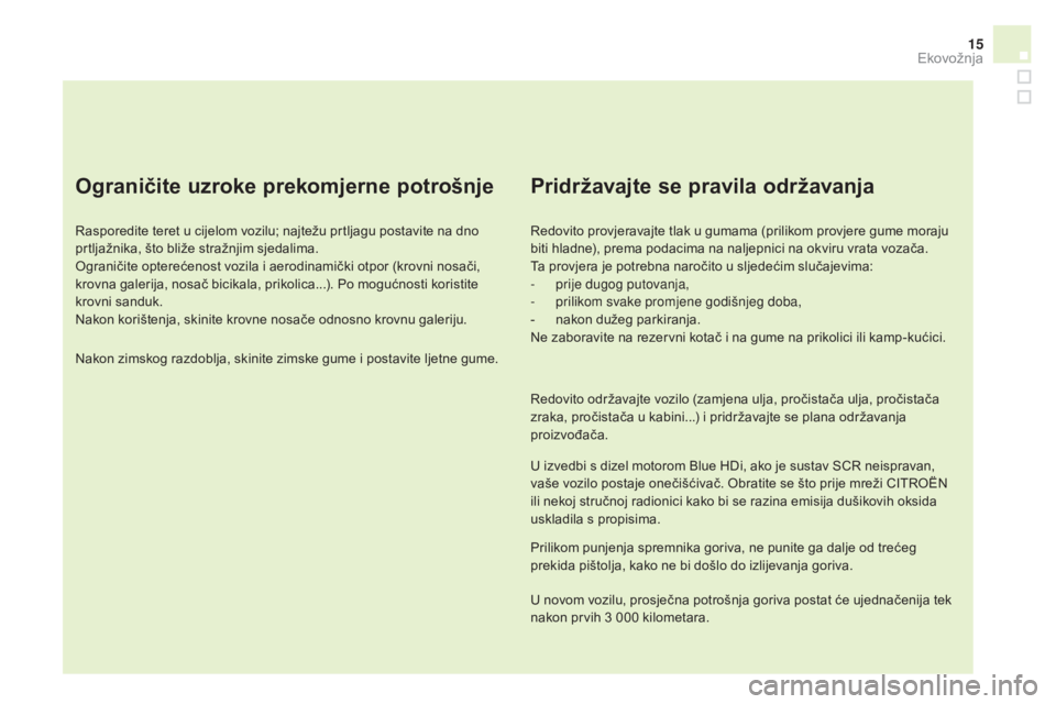 CITROEN DS4 2016 Upute Za Rukovanje (in Croatian) 15
DS4_hr_Chap00c_eco-conduite_ed03-2015
Ograničite uzroke prekomjerne potrošnje
Rasporedite teret u cijelom vozilu; najtežu prtljagu postavite na dno
prtljažnika, što bliže stražnjim sjedalim CITROEN DS4 2016 Upute Za Rukovanje (in Croatian) 15
DS4_hr_Chap00c_eco-conduite_ed03-2015
Ograničite uzroke prekomjerne potrošnje
Rasporedite teret u cijelom vozilu; najtežu prtljagu postavite na dno
prtljažnika, što bliže stražnjim sjedalim