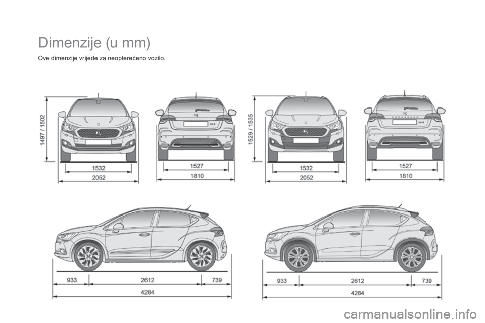 CITROEN DS4 2016 Upute Za Rukovanje (in Croatian) DS4_hr_Chap11_caracteristiques_ed03-2015
Dimenzije (u mm)
Ove dimenzije vrijede za neopterećeno vozilo. CITROEN DS4 2016 Upute Za Rukovanje (in Croatian) DS4_hr_Chap11_caracteristiques_ed03-2015
Dimenzije (u mm)
Ove dimenzije vrijede za neopterećeno vozilo.