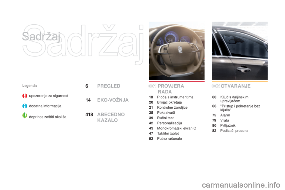 CITROEN DS4 2015 Upute Za Rukovanje (in Croatian) DS4_hr_Chap00a_sommaire_ed02-2015
Sadržaj
OT VA R A NJ E
60 Ključ s daljinskim upravljačem
66
"
Pristup i pokretanje bez
ključa"
75
Alarm
79
Vrata
80
P
rtljažnik
82
P
odizač CITROEN DS4 2015 Upute Za Rukovanje (in Croatian) DS4_hr_Chap00a_sommaire_ed02-2015
Sadržaj
OT VA R A NJ E
60 Ključ s daljinskim upravljačem
66
"
Pristup i pokretanje bez
ključa"
75
Alarm
79
Vrata
80
P
rtljažnik
82
P
odizač