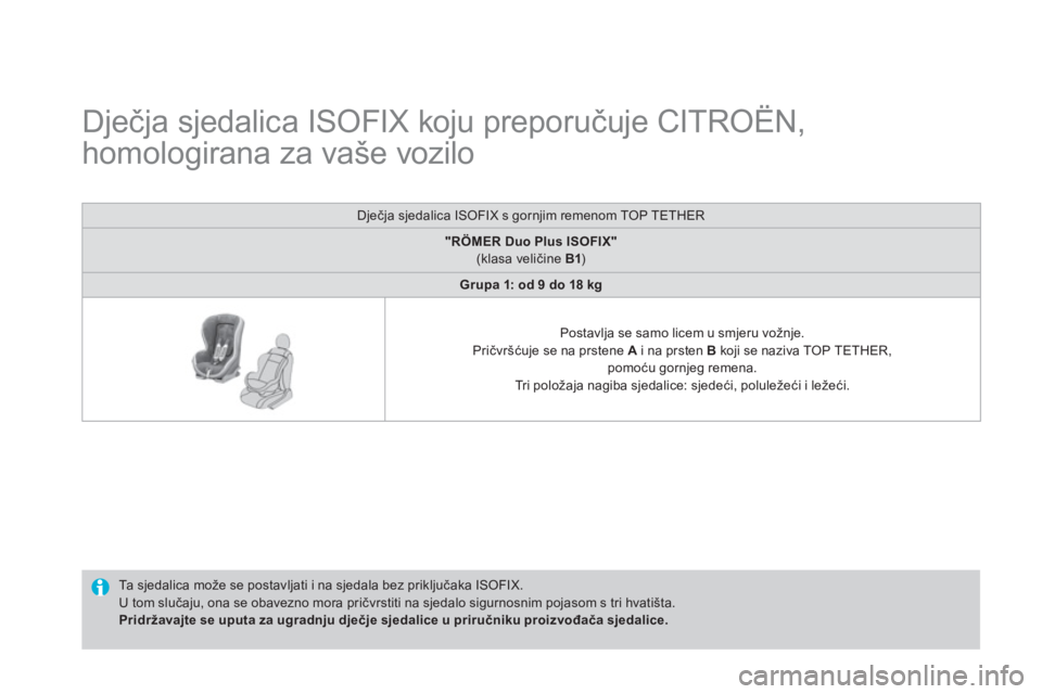 CITROEN DS4 2014 Upute Za Rukovanje (in Croatian)
Dječja sjedalica ISOFIX koju preporučuje CITROËN,
homologirana za vaše vozilo
Ta sjedalica može se postavljati i na sjedala bez priključaka ISOFIX.
U tom sl CITROEN DS4 2014 Upute Za Rukovanje (in Croatian)
Dječja sjedalica ISOFIX koju preporučuje CITROËN,
homologirana za vaše vozilo
Ta sjedalica može se postavljati i na sjedala bez priključaka ISOFIX.
U tom sl