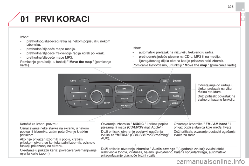 CITROEN DS4 2014 Upute Za Rukovanje (in Croatian) 01
305
Izbor:
- automatski prelazak na nižu/višu frekvenciju radija.
- prethodne/sljedeće pjesme na CD-u, MP3 ili na mediju.
- lijevog/desnog dijela ekrana kad je prikazan CITROEN DS4 2014 Upute Za Rukovanje (in Croatian) 01
305
Izbor:
- automatski prelazak na nižu/višu frekvenciju radija.
- prethodne/sljedeće pjesme na CD-u, MP3 ili na mediju.
- lijevog/desnog dijela ekrana kad je prikazan