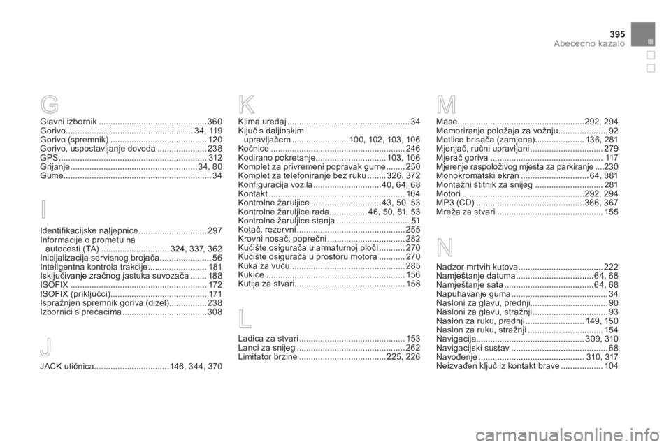 CITROEN DS4 2014 Upute Za Rukovanje (in Croatian) 395Abecedno kazalo
Glavni izbornik .............................................. 360
Gorivo ...................................................... 34, 119
Gorivo (spremnik) .......................... CITROEN DS4 2014 Upute Za Rukovanje (in Croatian) 395Abecedno kazalo
Glavni izbornik .............................................. 360
Gorivo ...................................................... 34, 119
Gorivo (spremnik) ..........................