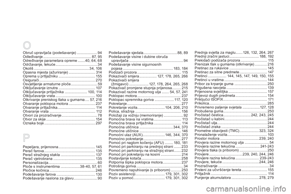CITROEN DS4 2014 Upute Za Rukovanje (in Croatian) Prednja svjetla za maglu ....... 126, 132, 264, 267
Prednji zračni jastuci ............................. 188, 192
Prekidači podizača prozora .......................... 115
Prenizak tlak u gumama (o CITROEN DS4 2014 Upute Za Rukovanje (in Croatian) Prednja svjetla za maglu ....... 126, 132, 264, 267
Prednji zračni jastuci ............................. 188, 192
Prekidači podizača prozora .......................... 115
Prenizak tlak u gumama (o