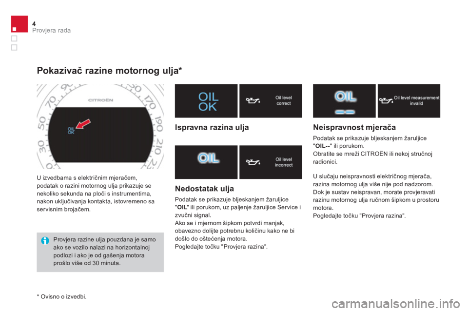 CITROEN DS4 2014 Upute Za Rukovanje (in Croatian) 4Provjera rada
U izvedbama s električnim mjeračem,
podatak o razini motornog ulja prikazuje se
nekoliko sekunda na ploči s instrumentima,
nakon uključivanja kontakta, istovremeno sa
ser visn CITROEN DS4 2014 Upute Za Rukovanje (in Croatian) 4Provjera rada
U izvedbama s električnim mjeračem,
podatak o razini motornog ulja prikazuje se
nekoliko sekunda na ploči s instrumentima,
nakon uključivanja kontakta, istovremeno sa
ser visn