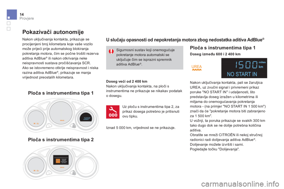 CITROEN DS4 2014  Upute Za Rukovanje (in Croatian) 14Provjere 
  Sigurnosni sustav koji onemogućuje  pokretanje motora automatski se uklju čuje čim se isprazni spremnik  aditiva AdBlue®   .   
      Pokazivači autonomije 
  Nakon uključivanja ko