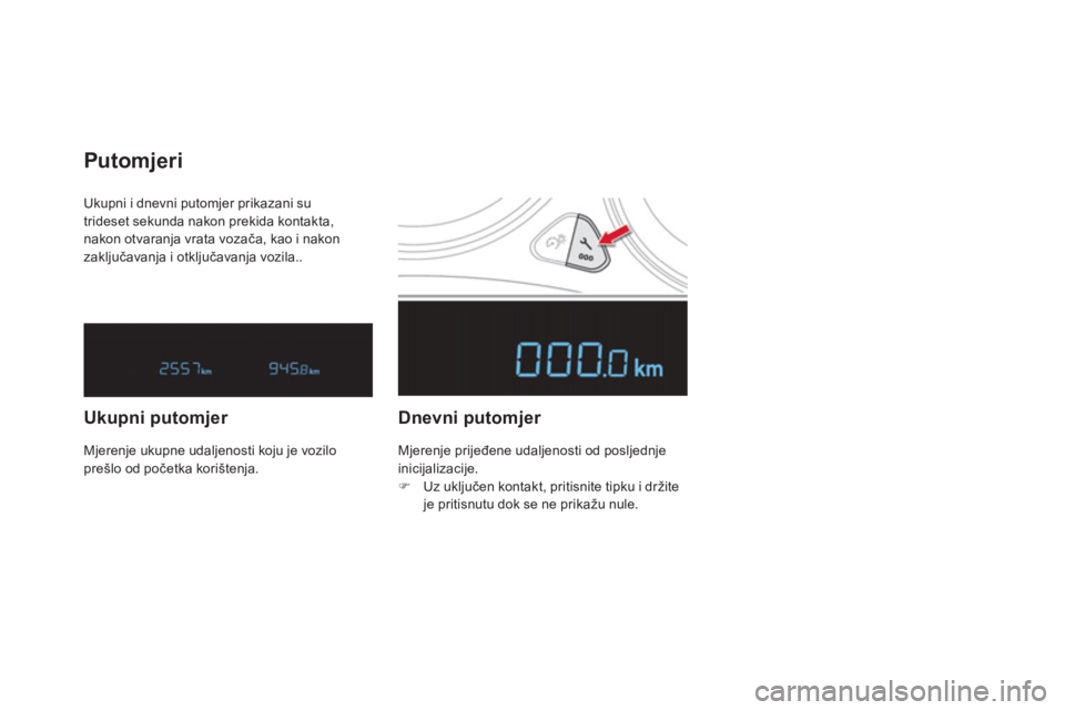CITROEN DS4 2014 Upute Za Rukovanje (in Croatian) Ukupni i dnevni putomjer prikazani su
trideset sekunda nakon prekida kontakta,
nakon otvaranja vrata vozača, kao i nakon
zaključavanja i otključavanja vozila..
Putom CITROEN DS4 2014 Upute Za Rukovanje (in Croatian) Ukupni i dnevni putomjer prikazani su
trideset sekunda nakon prekida kontakta,
nakon otvaranja vrata vozača, kao i nakon
zaključavanja i otključavanja vozila..
Putom