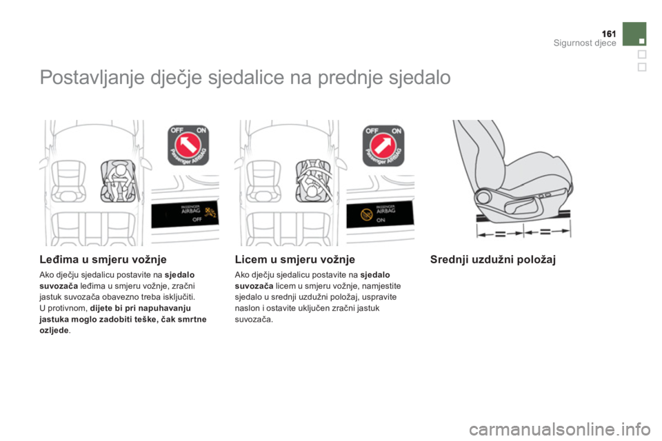 CITROEN DS4 2011 Upute Za Rukovanje (in Croatian) Sigurnost djece
Postavljanje dječje sjedalice na prednje sjedalo
Leđima u smjeru vožnje
Ako dječju sjedalicu postavite na sjedalo
suvozačaleđima u smjeru vožnje, zračnijastuk suvoza CITROEN DS4 2011 Upute Za Rukovanje (in Croatian) Sigurnost djece
Postavljanje dječje sjedalice na prednje sjedalo
Leđima u smjeru vožnje
Ako dječju sjedalicu postavite na sjedalo
suvozačaleđima u smjeru vožnje, zračnijastuk suvoza