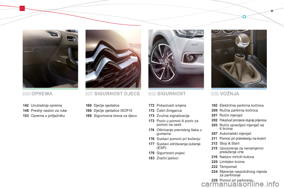 CITROEN DS4 2011  Upute Za Rukovanje (in Croatian) SIGURNOST VOŽNJA OPREMA SIGURNOST DJECE
192Električna parkirna kočnica
200 Ručna parkirna kočnica
201 Ručni mjenjač
202Pokazivač promjene stupnja prijenosa
203 Ručni upravljani mjenjač sa 6 