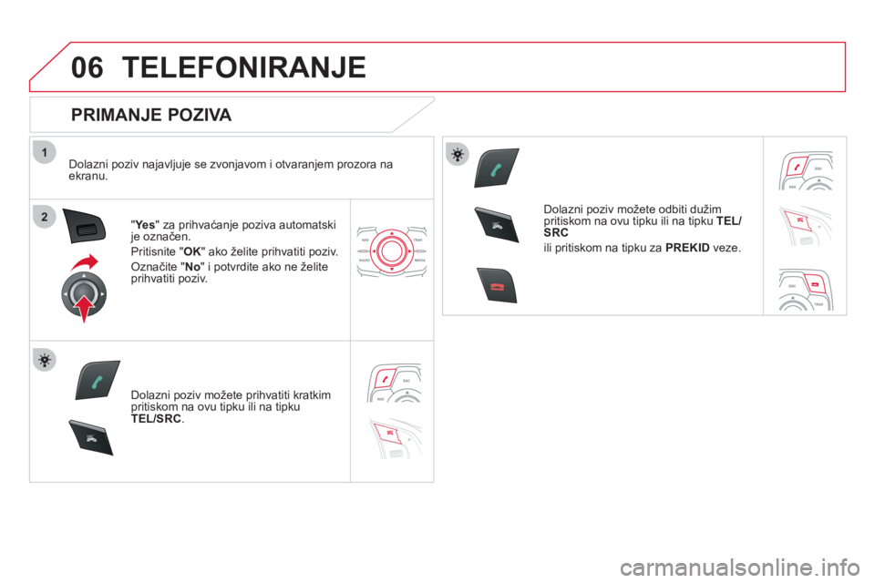 CITROEN DS5 2012 Upute Za Rukovanje (in Croatian) 1
2
06
SR
C
SR
C
TELEFONIRANJE
PRIMANJE POZIVA
Dolazni poziv najavljuje se zvonjavom i otvaranjem prozora naekranu.
"Ye s
" za prihvaćanje poziva automatski je označen.
Priti
snite " OK CITROEN DS5 2012 Upute Za Rukovanje (in Croatian) 1
2
06
SR
C
SR
C
TELEFONIRANJE
PRIMANJE POZIVA
Dolazni poziv najavljuje se zvonjavom i otvaranjem prozora naekranu.
"Ye s
" za prihvaćanje poziva automatski je označen.
Priti
snite " OK