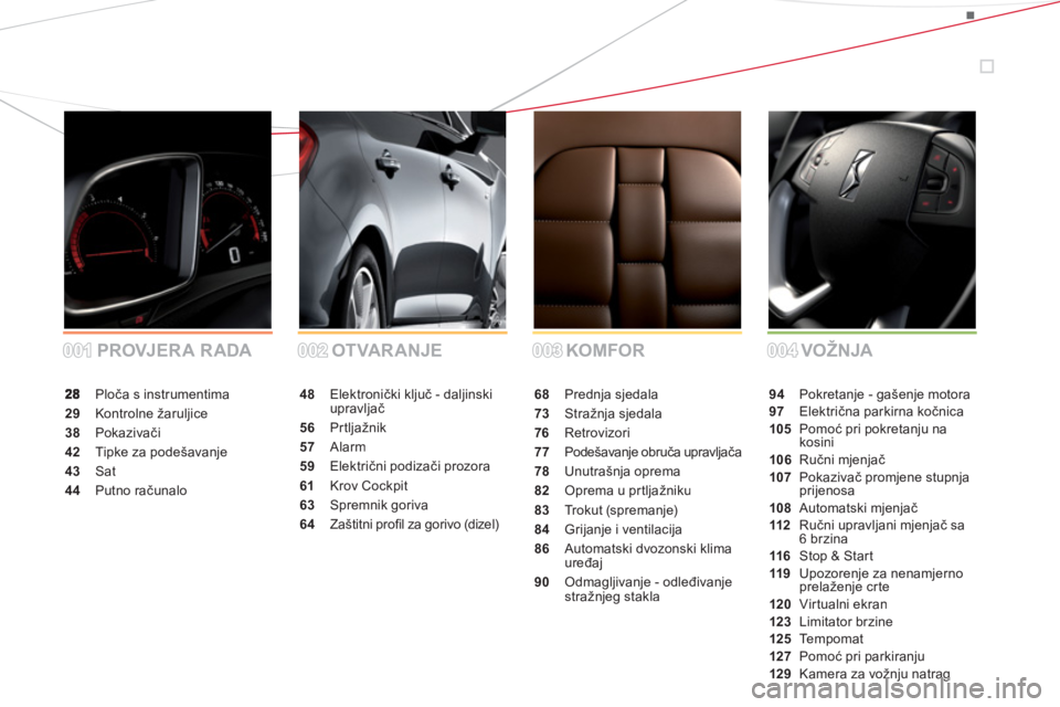 CITROEN DS5 2012  Upute Za Rukovanje (in Croatian) 001001002002003003004004 KOMFOR OTVAR ANJE PROVJERA RADA VOŽNJA
 Ploča s instrumentima
29 Kontrolne žaruljice
38 Pokazivači
42  Tipke za podešavanje
43 Sat
44Putno računalo
48Elektronički klju