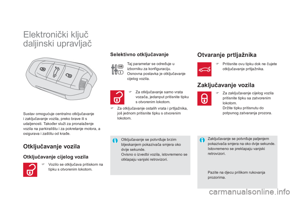 CITROEN DS5 2011  Upute Za Rukovanje (in Croatian)    
 
 
 
 
 
 
 
 
 
 
 
 
 
 
 
 
Elektronički ključ   
daljinski upravljač 
Otključavanje vozila
Otključavanje cijelog vozila    
Selektivno otkl
jučavanje Otvaranje prtljažnika
Sustav omogu