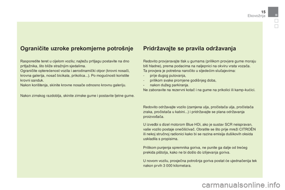 CITROEN DS5 HYBRID 2016  Upute Za Rukovanje (in Croatian) 15
DS5_hr_Chap00c_eco-conduite_ed02-2015
Ograničite uzroke prekomjerne potrošnje
Rasporedite teret u cijelom vozilu; najtežu prtljagu postavite na dno 
prtljažnika, što bliže stražnjim sjedalim