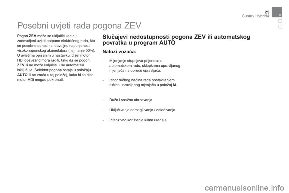 CITROEN DS5 HYBRID 2016  Upute Za Rukovanje (in Croatian) 25Sustav Hybrid4
   
 
 
 
 
 
 
 
 
 
 
 
 
 
 
 
 
 
 
 
 
 
 
 
 
 
 
 
 
 
 
Posebni uvjeti rada pogona ZEV  
 
 
Pogon  ZEV 
 može se uključiti kad su 
zadovoljeni uvjeti potpuno električnog r