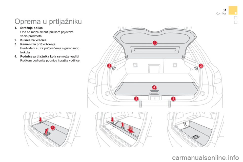 CITROEN DS5 HYBRID 2016 Upute Za Rukovanje (in Croatian) 31Komfor
Oprema u prtljažniku
1.
Stražnja polica
Ona se može skinuti prilikom prijevoza
većih predmeta.
2.
Kukice za vre CITROEN DS5 HYBRID 2016 Upute Za Rukovanje (in Croatian) 31Komfor
Oprema u prtljažniku
1.
Stražnja polica
Ona se može skinuti prilikom prijevoza
većih predmeta.
2.
Kukice za vre