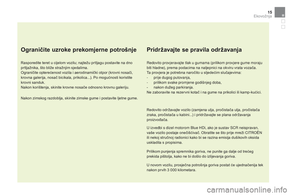 CITROEN DS5 HYBRID 2015  Upute Za Rukovanje (in Croatian) 15
DS5_hr_Chap00c_eco-conduite_ed01-2015
Ograničite uzroke prekomjerne potrošnje
Rasporedite teret u cijelom vozilu; najtežu prtljagu postavite na dno 
prtljažnika, što bliže stražnjim sjedalim