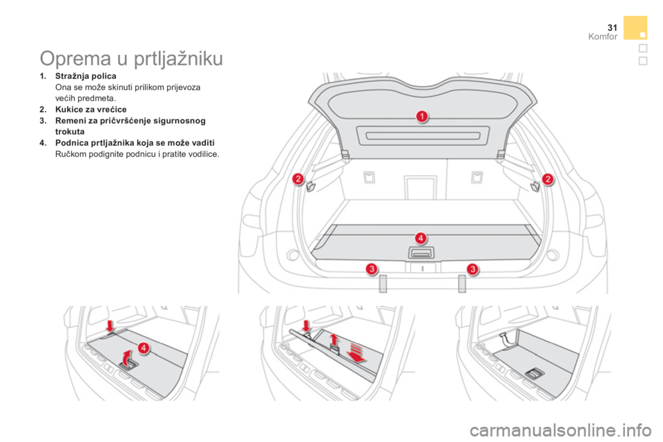 CITROEN DS5 HYBRID 2015 Upute Za Rukovanje (in Croatian) 31Komfor
Oprema u prtljažniku
1.
Stražnja polica
Ona se može skinuti prilikom prijevoza
većih predmeta.
2.
Kukice za vre CITROEN DS5 HYBRID 2015 Upute Za Rukovanje (in Croatian) 31Komfor
Oprema u prtljažniku
1.
Stražnja polica
Ona se može skinuti prilikom prijevoza
većih predmeta.
2.
Kukice za vre