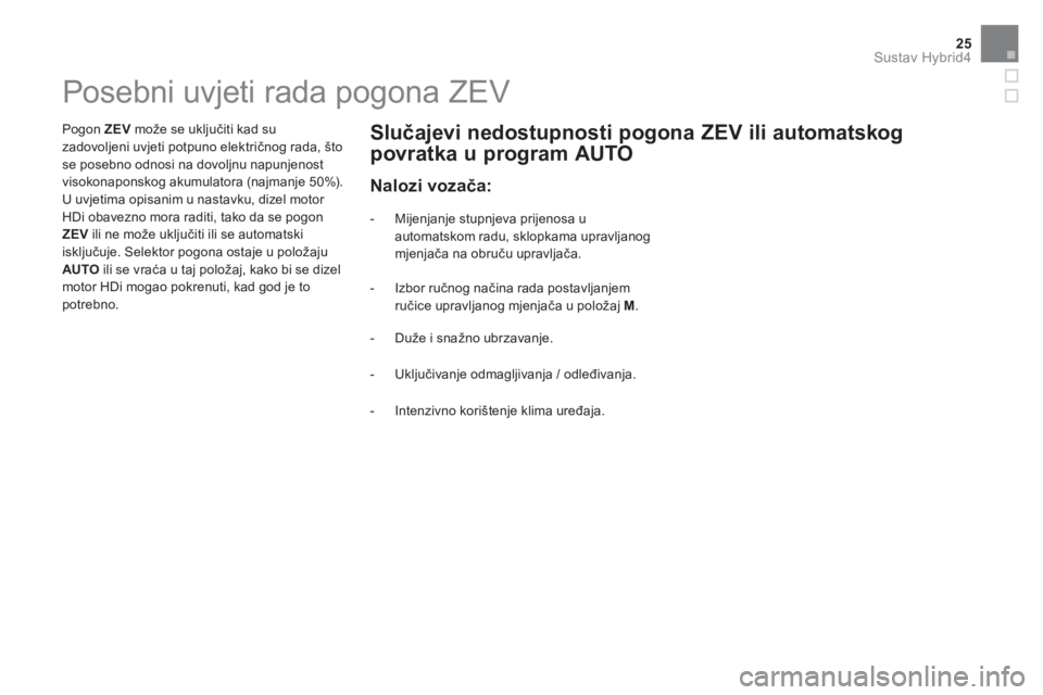 CITROEN DS5 HYBRID 2015  Upute Za Rukovanje (in Croatian) 25Sustav Hybrid4
   
 
 
 
 
 
 
 
 
 
 
 
 
 
 
 
 
 
 
 
 
 
 
 
 
 
 
 
 
 
 
Posebni uvjeti rada pogona ZEV  
 
 
Pogon  ZEV 
 može se uključiti kad su 
zadovoljeni uvjeti potpuno električnog r