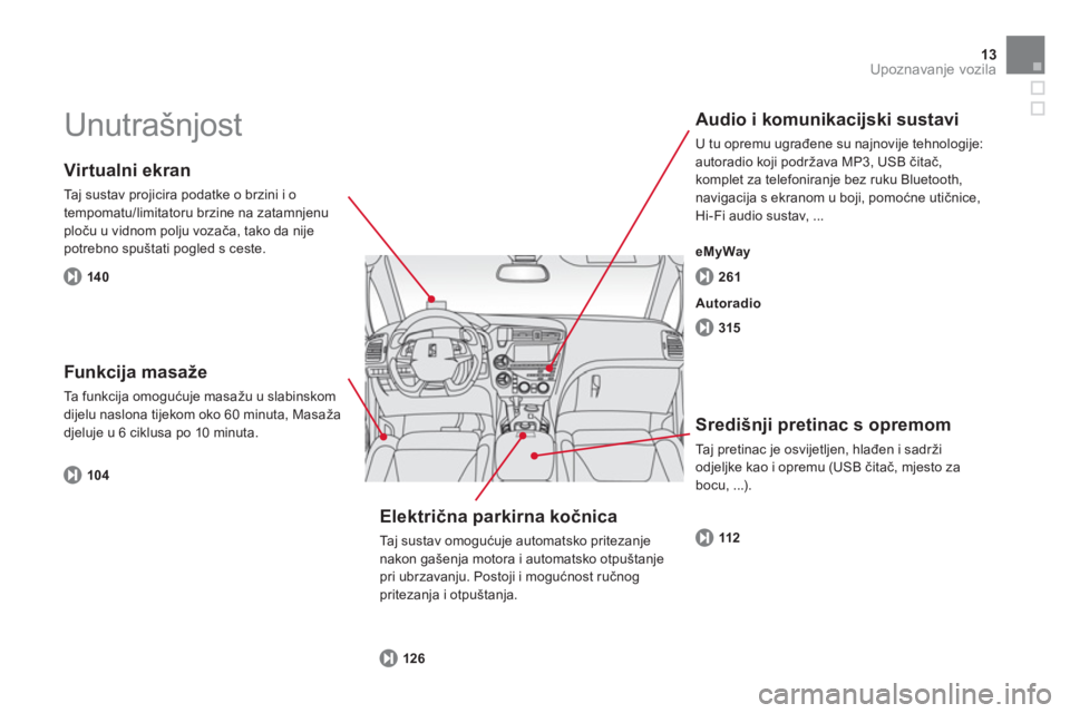 CITROEN DS5 HYBRID 2013  Upute Za Rukovanje (in Croatian) 13Upoznavanje vozila
  Unutrašnjost  
 
 Virtualni ekran 
 
Taj sustav projicira podatke o brzini i o
tempomatu/limitatoru brzine na zatamnjenu ploču u vidnom polju vozača, tako da nijepotrebno spu