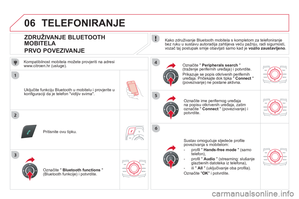 CITROEN DS5 HYBRID 2013  Upute Za Rukovanje (in Croatian) 06
   
 
 
 
 
 
 
 
 
 
 
 
 
 
 
ZDRUŽIVANJE BLUETOOTH 
MOBITELA  
PRVO POVEZIVANJE    
Kako združivanje Bluetooth mobitela s kompletom za telefoniranje 
bez ruku u sustavu autoradija zahtijeva ve