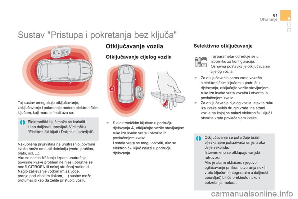 CITROEN DS5 HYBRID 2013  Upute Za Rukovanje (in Croatian) 81Otvaranje
Otključavanje vozila 
 
 
 
 
 
 
 
 
 
 
 
 
 
 
 
 
 
 
 
 
Sustav "Pristupa i pokretanja bez ključa" 
 
 
Taj sustav omogućuje otključavanje, 
zaključavanje i pokretanje motora ele
