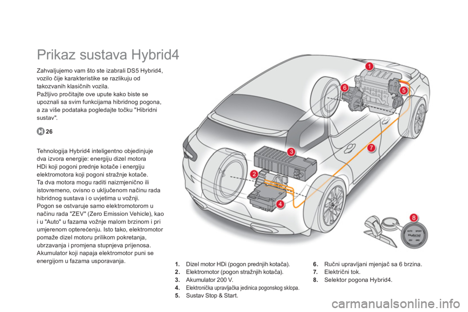 CITROEN DS5 HYBRID 2013  Upute Za Rukovanje (in Croatian)    
 
 
 
 
 
 
 
Prikaz sustava Hybrid4  
Zahvaljujemo vam što ste izabrali DS5 Hybrid4,
vozilo čije karakteristike se razlikuju od 
takozvanih klasičnih vozila. 
Pa