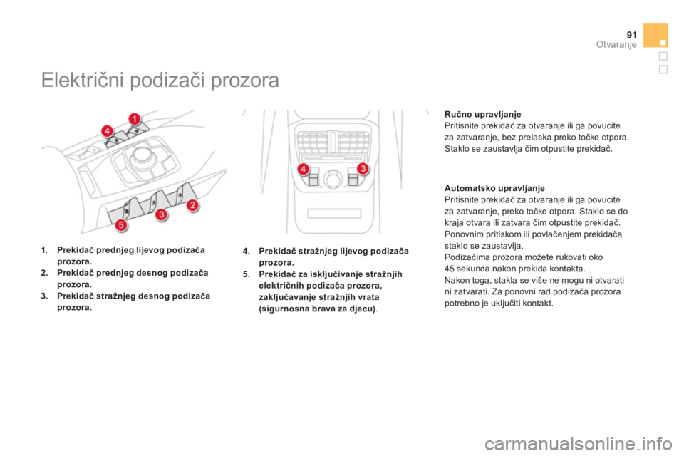 CITROEN DS5 HYBRID 2013  Upute Za Rukovanje (in Croatian) 91Otvaranje
   
 
 
 
 
Električni podizači prozora 
1.Prekidač prednjeg lijevog podizačaprozora. 2. Prekidač prednjeg desnog podizačaprozora. 3. Prekidač stražnjeg desnog podizačaprozora. Ru
