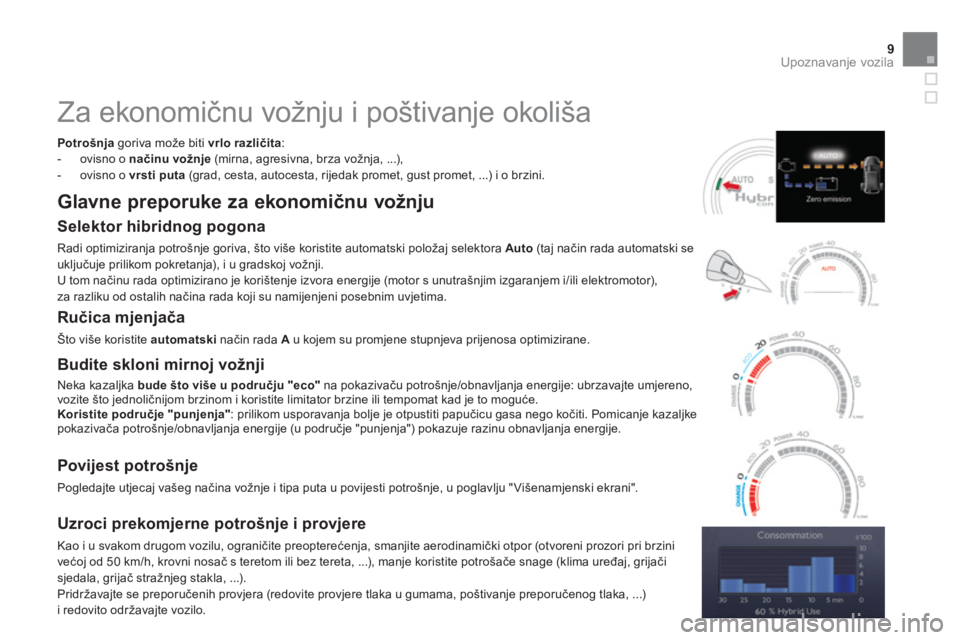 CITROEN DS5 HYBRID 2012  Upute Za Rukovanje (in Croatian) 9Upoznavanje vozila
   
 
 
 
 
Za ekonomičnu vožnju i poštivanje okoliša 
Potrošnjagoriva može biti vrlo različita: 
 
 
-  ovisno o  načinu vožnje(mirna, agresivna, brza vožnja, ...),
   
