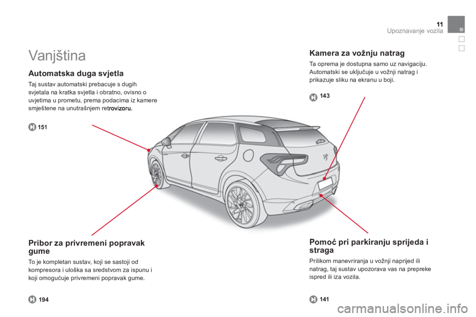 CITROEN DS5 HYBRID 2012  Upute Za Rukovanje (in Croatian) Upoznavanje vozila
   
Automatska duga svjetla 
 
Taj sustav automatski prebacuje s dugih svjetala na kratka svjetla i obratno, ovisno o 
uvjetima u prometu, prema podacima iz kamere smještene na unu