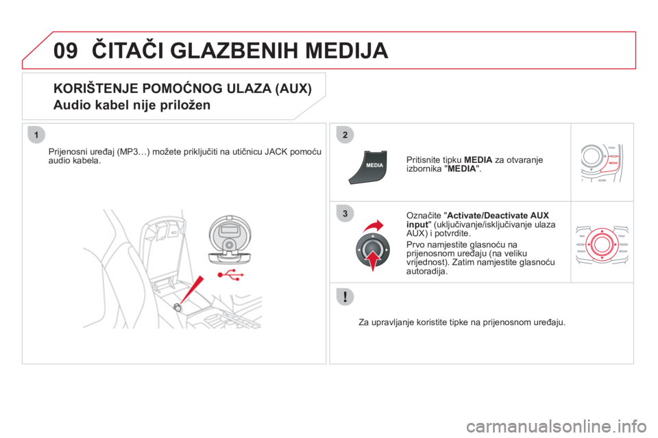 CITROEN DS5 HYBRID 2012  Upute Za Rukovanje (in Croatian) 09
12
3
ČITAČI GLAZBENIH MEDIJA 
 
 
KORIŠTENJE POMOĆNOG ULAZA (AUX)  
Audio kabel nije priložen 
Prijenosni uređaj (MP3…) možete priključiti na utičnicu JACK pomoćuaudio kabela.     Priti