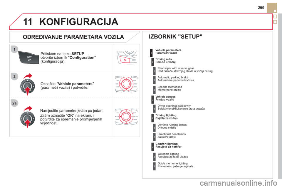CITROEN DS5 HYBRID 2012  Upute Za Rukovanje (in Croatian) 1
2
2a
11
299
Pritiskom na tipku 
SETUPotvorite izbornik "Conﬁ guration 
" (konﬁ guracija).
Nam
jestite parametre jedan po jedan.
Z
atim označite "OK" na ekranu ipotvrdite za spremanje promijenje