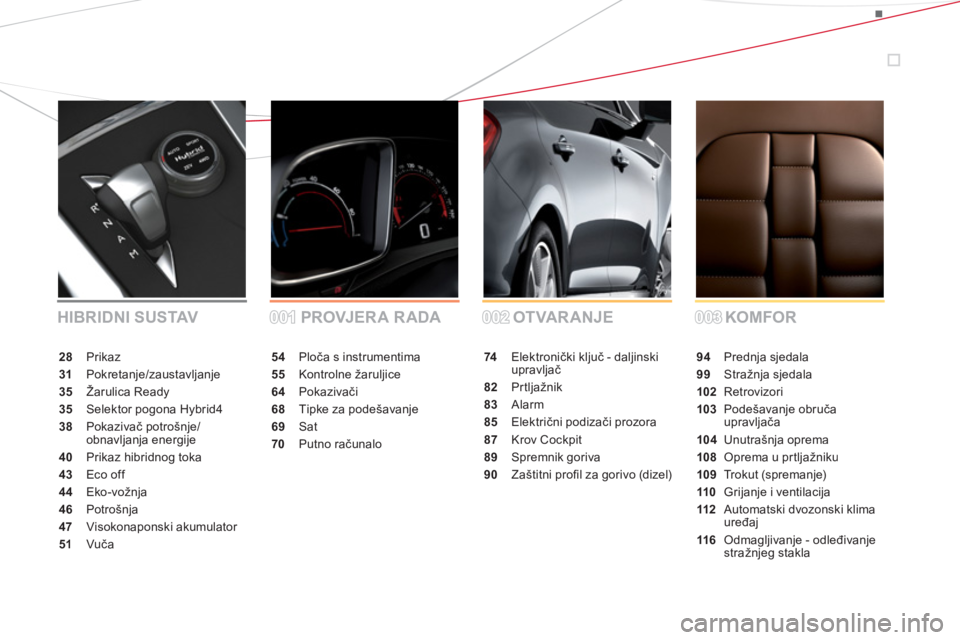 CITROEN DS5 HYBRID 2012  Upute Za Rukovanje (in Croatian) 54Ploča s instrumentima
55Kontrolne žaruljice
64 Pokazivači
68Tipke za podešavanje
69 Sat
70 Putno računalo
74 Elektronički ključ - daljinskiupravljač
82Prtljažnik
83Alarm
85Električni podiz