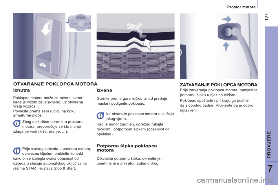 CITROEN JUMPER 2016  Upute Za Rukovanje (in Croatian)  127
jumper_hr_Chap07_Verifications_ed01-2015
Iznutra
Poklopac motora može se otvoriti samo 
kada je vozilo zaustavljeno, uz otvorena 
vrata vozača.
Povucite prema sebi ručicu na boku 
armaturne pl