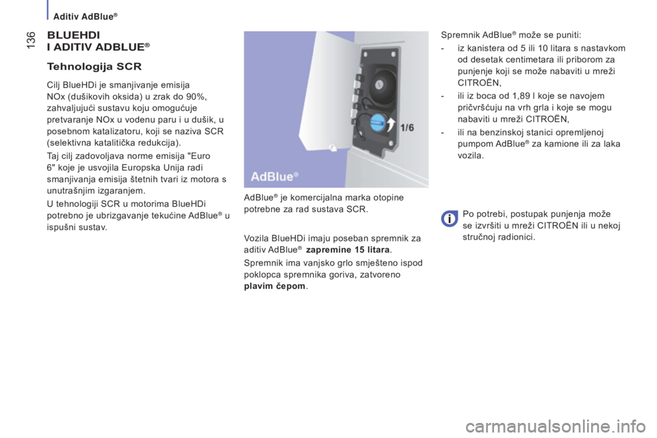 CITROEN JUMPER 2016 Upute Za Rukovanje (in Croatian) 136
jumper_hr_Chap07_Verifications_ed01-2015
bLUEHdI
I A d ITI v Ad bLUE®
AdBlue® je komercijalna marka otopine
potrebne za rad sustava SCR.
Vozila BlueHDi imaju poseban spremnik za
aditiv AdBl CITROEN JUMPER 2016 Upute Za Rukovanje (in Croatian) 136
jumper_hr_Chap07_Verifications_ed01-2015
bLUEHdI
I A d ITI v Ad bLUE®
AdBlue® je komercijalna marka otopine
potrebne za rad sustava SCR.
Vozila BlueHDi imaju poseban spremnik za
aditiv AdBl