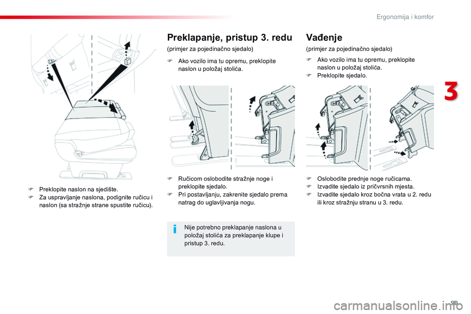 CITROEN JUMPER SPACETOURER 2017  Upute Za Rukovanje (in Croatian) 99
Spacetourer-VP_hr_Chap03_ergonomie-et-confort_ed01-2016
F Ako vozilo ima tu opremu, preklopite naslon u položaj stolića.
Preklapanje, pristup 3. redu
(primjer za pojedinačno sjedalo)
Nije potreb