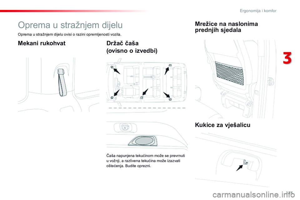 CITROEN JUMPER SPACETOURER 2017 Upute Za Rukovanje (in Croatian) 115
Spacetourer-VP_hr_Chap03_ergonomie-et-confort_ed01-2016
Oprema u stražnjem dijelu
Oprema u stražnjem dijelu ovisi o razini opremljenosti vozila.
Mekani rukohvatDržač čaša
(ovisno o izvedbi)
CITROEN JUMPER SPACETOURER 2017 Upute Za Rukovanje (in Croatian) 115
Spacetourer-VP_hr_Chap03_ergonomie-et-confort_ed01-2016
Oprema u stražnjem dijelu
Oprema u stražnjem dijelu ovisi o razini opremljenosti vozila.
Mekani rukohvatDržač čaša
(ovisno o izvedbi)