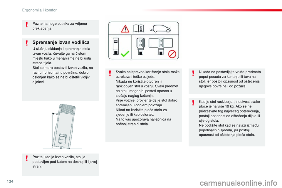 CITROEN JUMPER SPACETOURER 2017 Upute Za Rukovanje (in Croatian) 124
Spacetourer-VP_hr_Chap03_ergonomie-et-confort_ed01-2016
Pazite na noge putnika za vrijeme
preklapanja.Svako neispravno korištenje stola može
uzrokovati teške ozljede.
Nikada ne koristite otvo CITROEN JUMPER SPACETOURER 2017 Upute Za Rukovanje (in Croatian) 124
Spacetourer-VP_hr_Chap03_ergonomie-et-confort_ed01-2016
Pazite na noge putnika za vrijeme
preklapanja.Svako neispravno korištenje stola može
uzrokovati teške ozljede.
Nikada ne koristite otvo