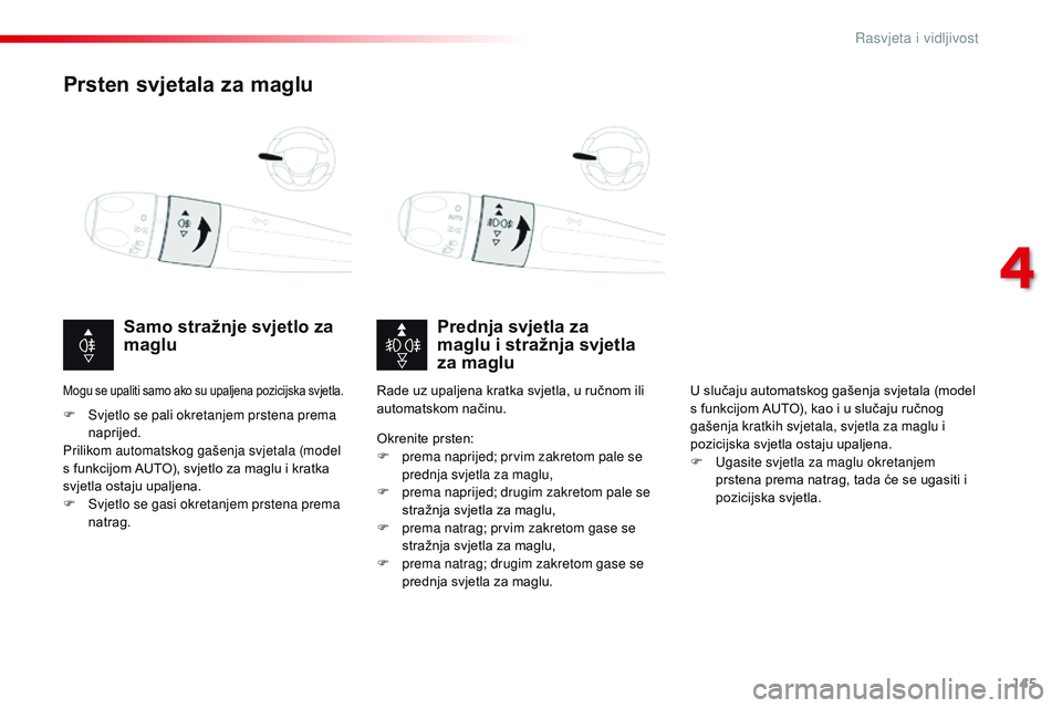 CITROEN JUMPER SPACETOURER 2017  Upute Za Rukovanje (in Croatian) 145
Spacetourer-VP_hr_Chap04_eclairage-et-visibilite_ed01-2016
Prsten svjetala za maglu
Prednja svjetla za  
maglu i stražnja svjetla  
za maglu
Samo stražnje svjetlo za 
maglu
F Svjetlo se pali okr