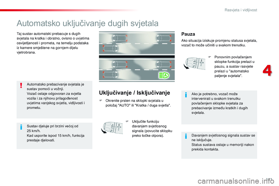 CITROEN JUMPER SPACETOURER 2017  Upute Za Rukovanje (in Croatian) 151
Spacetourer-VP_hr_Chap04_eclairage-et-visibilite_ed01-2016
Automatsko uključivanje dugih svjetala
Taj sustav automatski prebacuje s dugih 
svjetala na kratka i obratno, ovisno o uvjetima 
osvijet