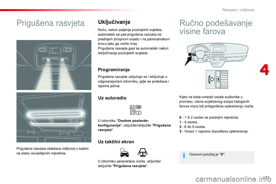 CITROEN JUMPER SPACETOURER 2017  Upute Za Rukovanje (in Croatian) 153
Spacetourer-VP_hr_Chap04_eclairage-et-visibilite_ed01-2016
U izborniku parametara vozila, uključite/
isključite "Prigušena rasvjeta ".
Uz taktilni ekranUz autoradio
U izborniku "
Os