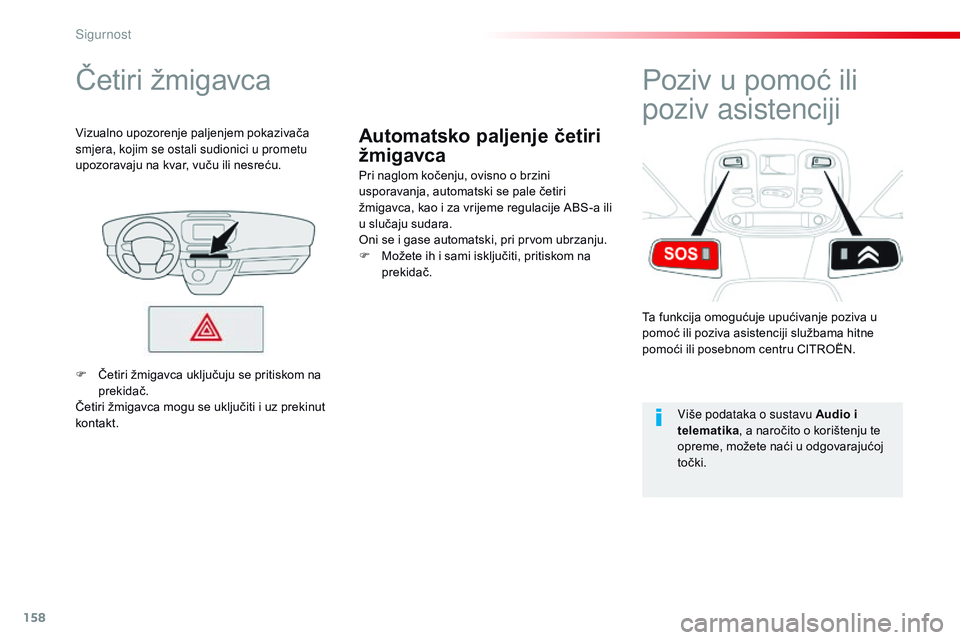 CITROEN JUMPER SPACETOURER 2017  Upute Za Rukovanje (in Croatian) 158
Spacetourer-VP_hr_Chap05_securite_ed01-2016
Automatsko paljenje četiri 
žmigavca
Četiri žmigavca
Pri naglom kočenju, ovisno o brzini 
usporavanja, automatski se pale četiri 
žmigavca, kao i