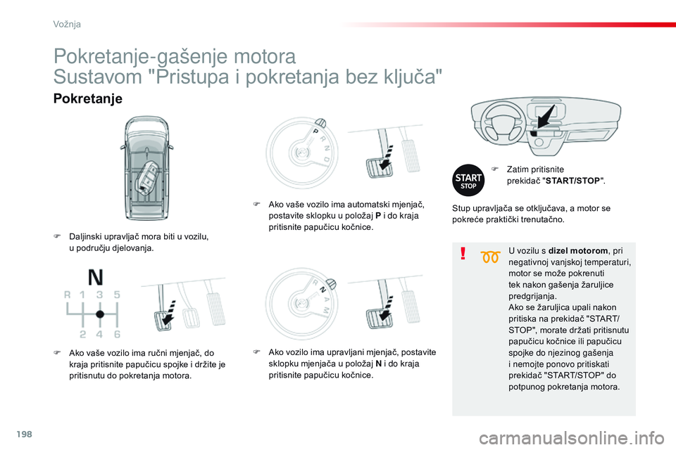 CITROEN JUMPER SPACETOURER 2017  Upute Za Rukovanje (in Croatian) 198
Spacetourer-VP_hr_Chap06_conduite_ed01-2016
U vozilu s dizel motorom, pri 
negativnoj vanjskoj temperaturi, 
motor se može pokrenuti 
tek nakon gašenja žaruljice 
predgrijanja.
Ako se žaruljic