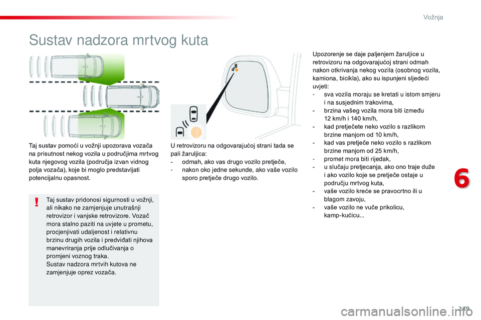 CITROEN JUMPER SPACETOURER 2017 Upute Za Rukovanje (in Croatian) 249
Spacetourer-VP_hr_Chap06_conduite_ed01-2016
Sustav nadzora mrtvog kuta
U retrovizoru na odgovarajućoj strani tada se
pali žaruljica:
-
o
dmah, ako vas drugo vozilo pretječe,
-
n
akon oko CITROEN JUMPER SPACETOURER 2017 Upute Za Rukovanje (in Croatian) 249
Spacetourer-VP_hr_Chap06_conduite_ed01-2016
Sustav nadzora mrtvog kuta
U retrovizoru na odgovarajućoj strani tada se
pali žaruljica:
-
o
dmah, ako vas drugo vozilo pretječe,
-
n
akon oko