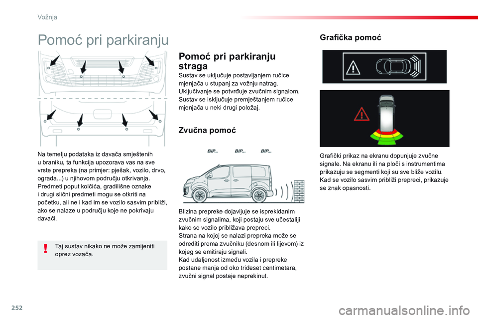 CITROEN JUMPER SPACETOURER 2017 Upute Za Rukovanje (in Croatian) 252
Spacetourer-VP_hr_Chap06_conduite_ed01-2016
Na temelju podataka iz davača smještenih
u braniku, ta funkcija upozorava vas na sve
vrste prepreka (na primjer: pješak, vozilo, drvo,
ograda...) CITROEN JUMPER SPACETOURER 2017 Upute Za Rukovanje (in Croatian) 252
Spacetourer-VP_hr_Chap06_conduite_ed01-2016
Na temelju podataka iz davača smještenih
u braniku, ta funkcija upozorava vas na sve
vrste prepreka (na primjer: pješak, vozilo, drvo,
ograda...)