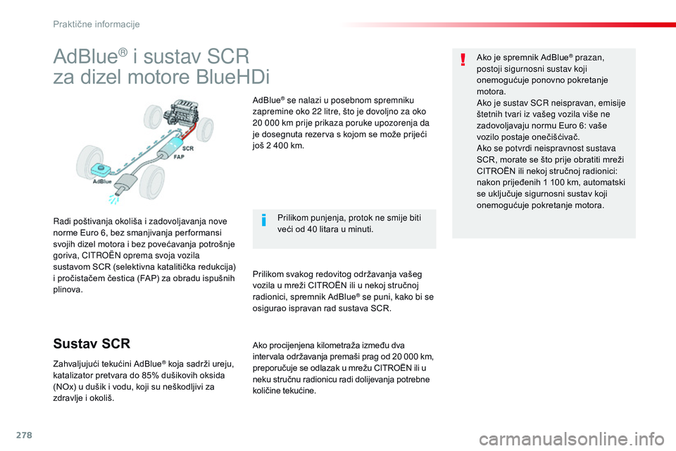 CITROEN JUMPER SPACETOURER 2017 Upute Za Rukovanje (in Croatian) 278
Spacetourer-VP_hr_Chap07_info-pratiques_ed01-2016
AdBlue® i sustav SCR
za dizel motore BlueHDi
Radi poštivanja okoliša i zadovoljavanja nove
norme Euro 6, bez smanjivanja per formansi
svojih CITROEN JUMPER SPACETOURER 2017 Upute Za Rukovanje (in Croatian) 278
Spacetourer-VP_hr_Chap07_info-pratiques_ed01-2016
AdBlue® i sustav SCR
za dizel motore BlueHDi
Radi poštivanja okoliša i zadovoljavanja nove
norme Euro 6, bez smanjivanja per formansi
svojih