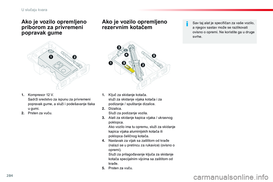 CITROEN JUMPER SPACETOURER 2017  Upute Za Rukovanje (in Croatian) 284
Spacetourer-VP_hr_Chap08_En-cas-de-panne_ed01-2016
Ako je vozilo opremljeno 
priborom za privremeni 
popravak gume
1. Kompresor 12 V. Sadrži sredstvo za ispunu za privremeni 
popravak gume, a slu